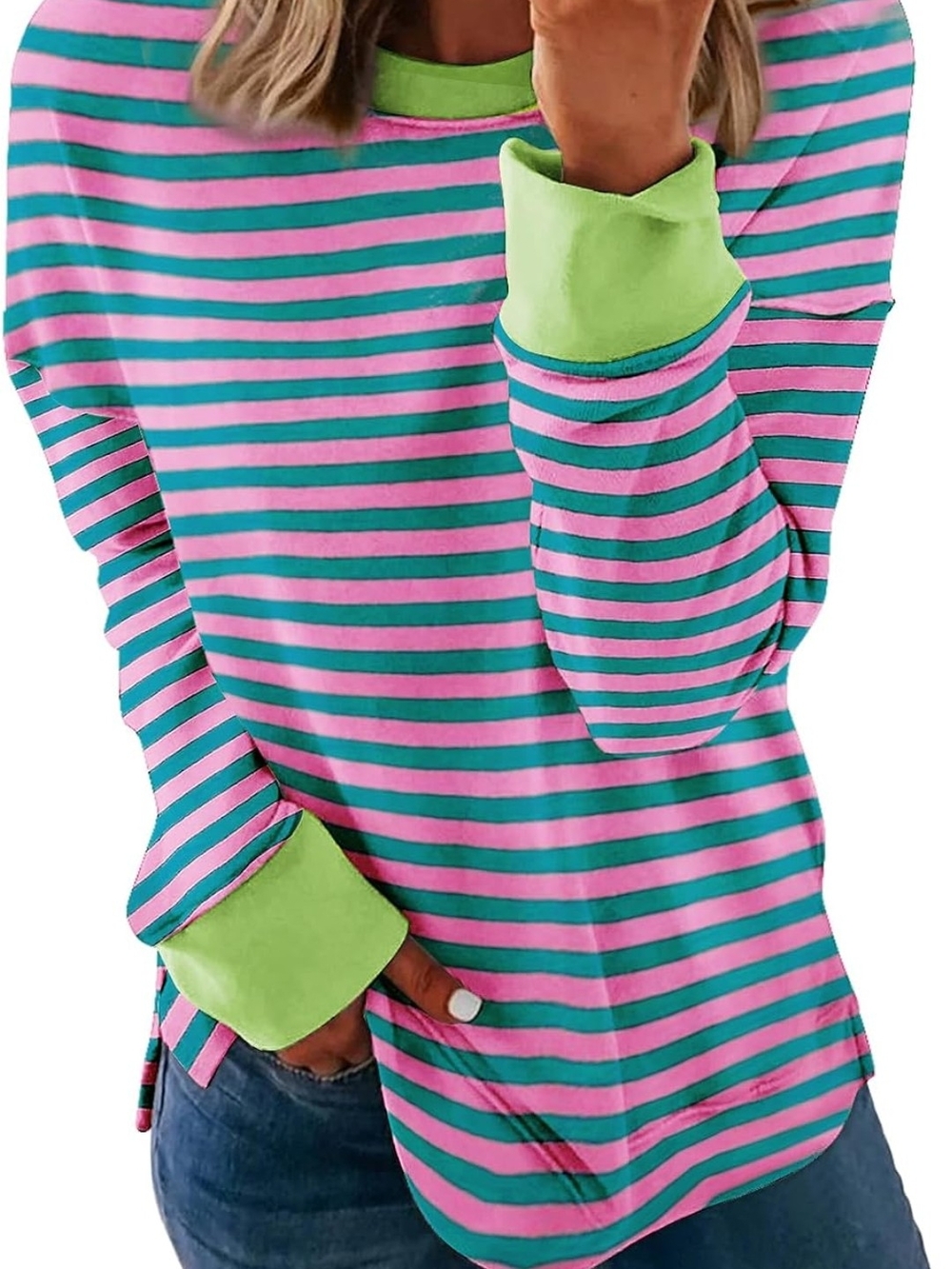 Acelitt Women Striped Pink & Teal Long Sleeve Top with Lime Accents. NEW